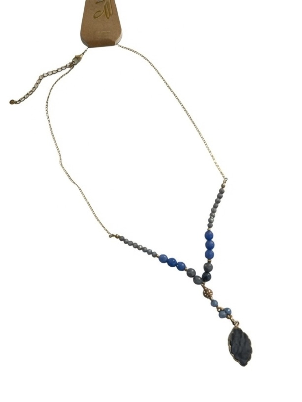 Whim Semi-Precious Stones Blue Gray Beaded Statement Necklace Gold Tone Pendant